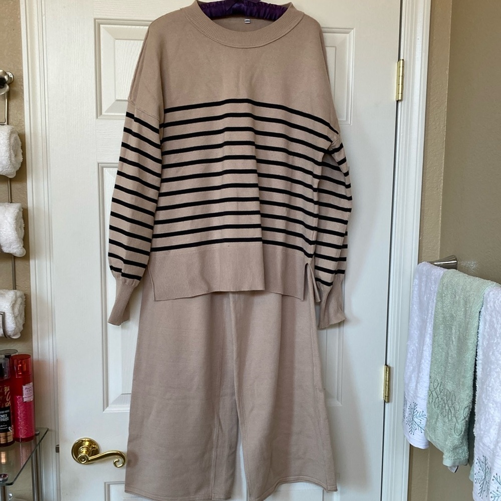 Striped Beige and Black Women's Sweater and Pant set